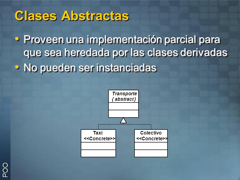 Clases Abstractas Proveen una implementación parcial para que sea heredada por las clases derivadas.