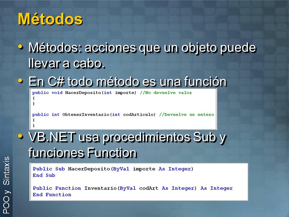 Métodos Métodos: acciones que un objeto puede llevar a cabo.