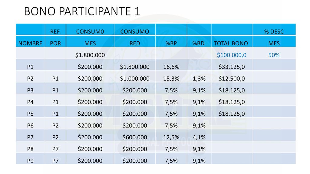 BONO PARTICIPANTE 1 REF. CONSUM0 CONSUMO % DESC NOMBRE POR MES RED %BP