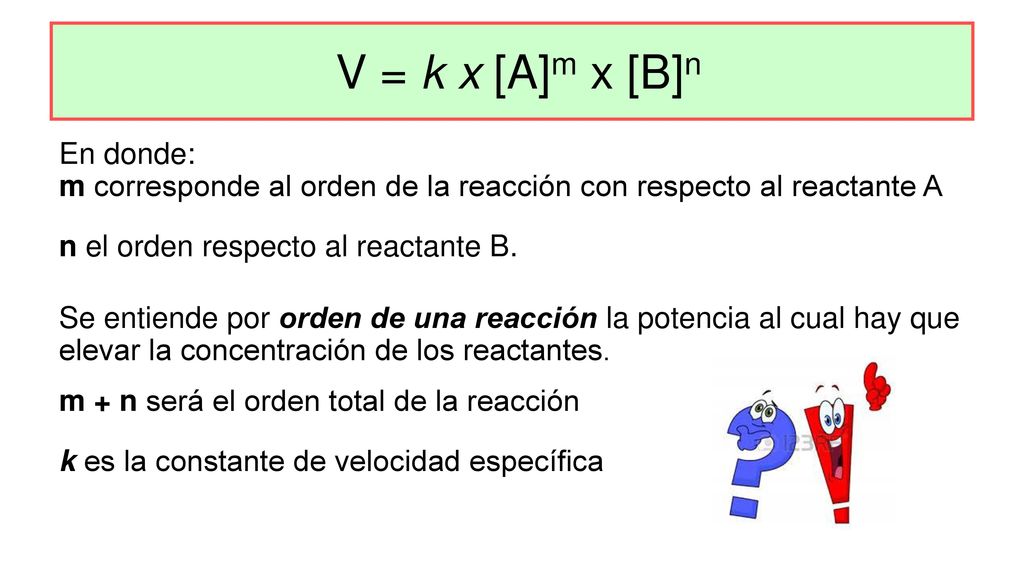 V = k x [A]m x [B]n En donde: m corresponde al orden de la reacción con respecto al reactante A. n el orden respecto al reactante B.