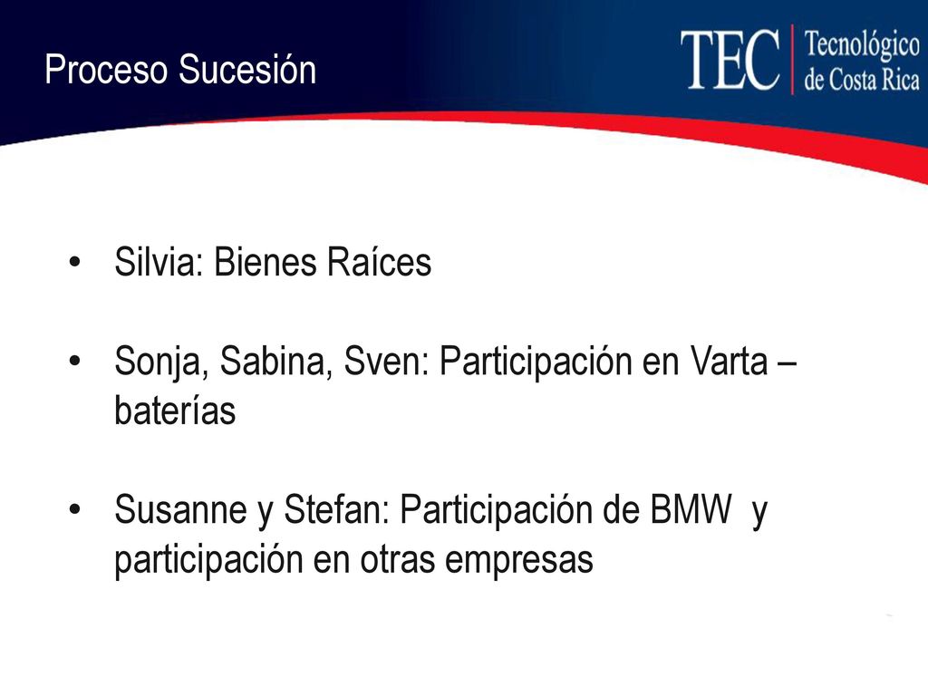 Proceso Sucesión Silvia: Bienes Raíces. Sonja, Sabina, Sven: Participación en Varta –baterías.