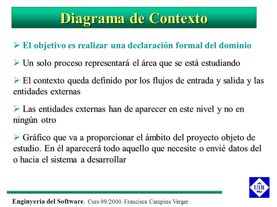 Diagrama de Contexto  El objetivo es realizar una declaración formal del dominio.  Un solo proceso representará el área que se está estudiando.