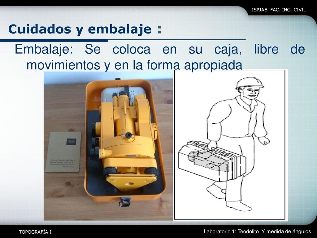 ISPJAE. FAC. ING. CIVIL Cuidados y embalaje : Embalaje: Se coloca en su caja, libre de movimientos y en la forma apropiada.