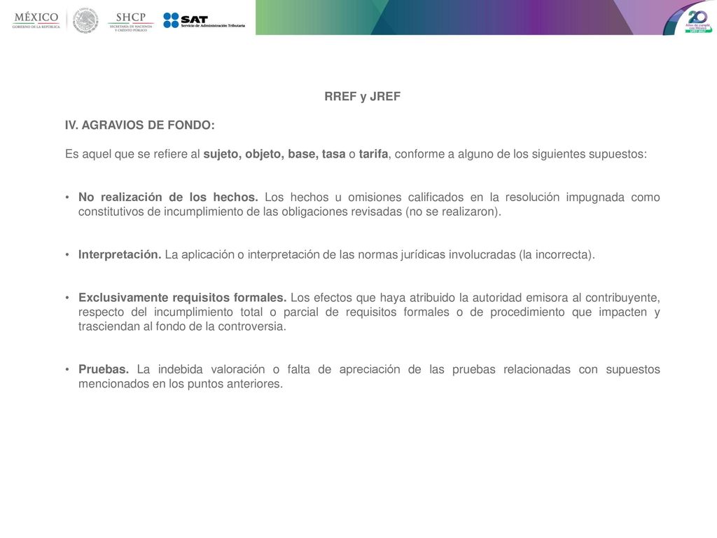 RREF y JREF IV. AGRAVIOS DE FONDO: Es aquel que se refiere al sujeto, objeto, base, tasa o tarifa, conforme a alguno de los siguientes supuestos: