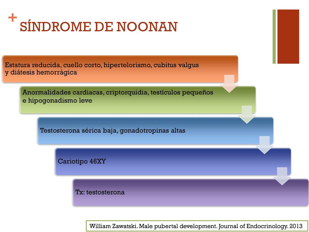 SÍNDROME DE NOONAN Estatura reducida, cuello corto, hipertelorismo, cubitus valgus y diátesis hemorrágica.