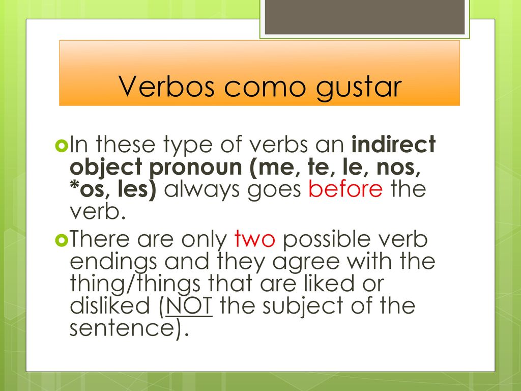 Verbos como gustar In these type of verbs an indirect object pronoun (me, te, le, nos, *os, les) always goes before the verb.