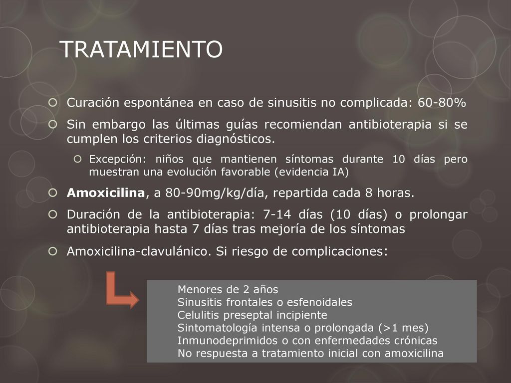TRATAMIENTO Curación espontánea en caso de sinusitis no complicada: 60-80%