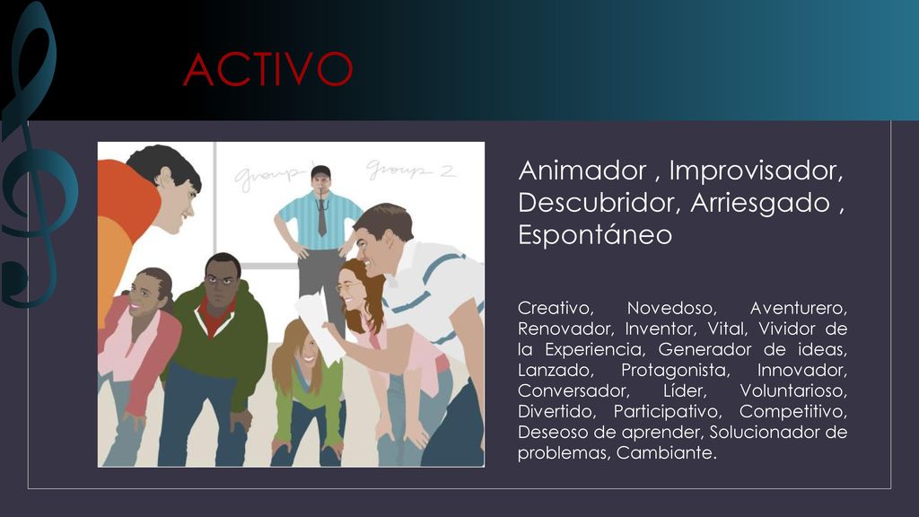 ACTIVO Animador , Improvisador, Descubridor, Arriesgado , Espontáneo