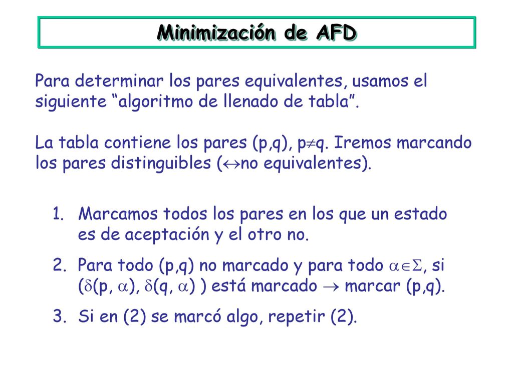 Minimización de AFD Para determinar los pares equivalentes, usamos el siguiente algoritmo de llenado de tabla .