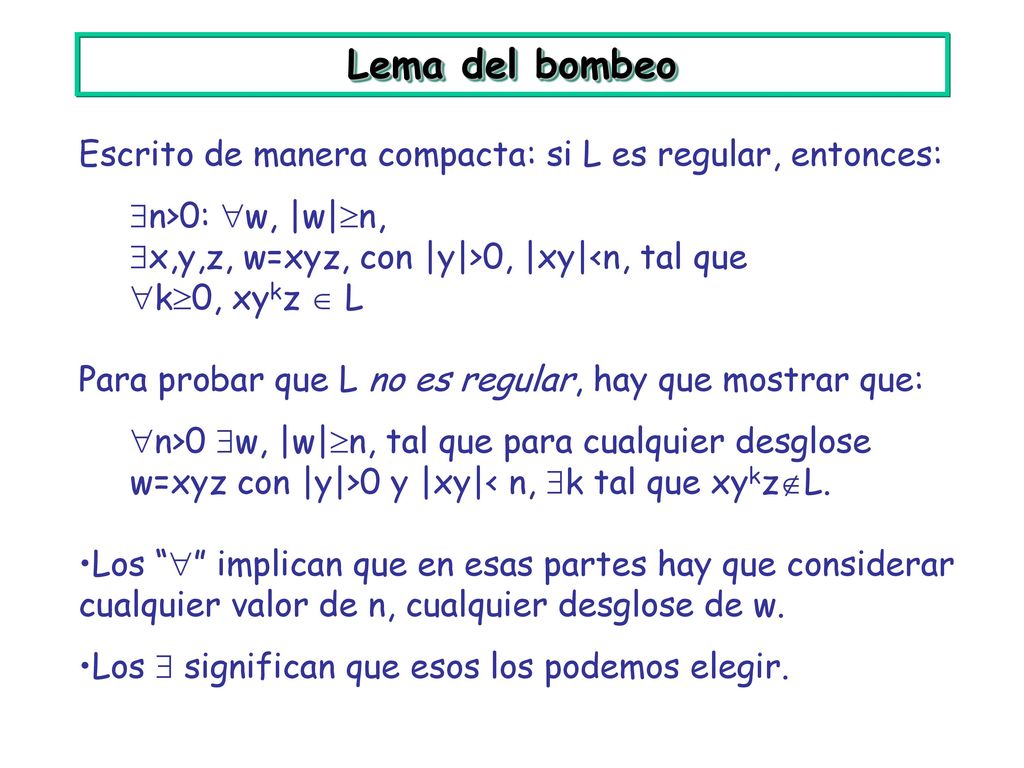 Lema del bombeo Escrito de manera compacta: si L es regular, entonces: