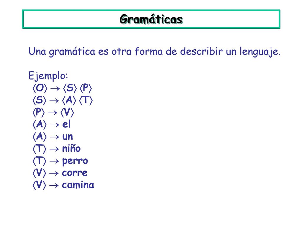 Gramáticas Una gramática es otra forma de describir un lenguaje.