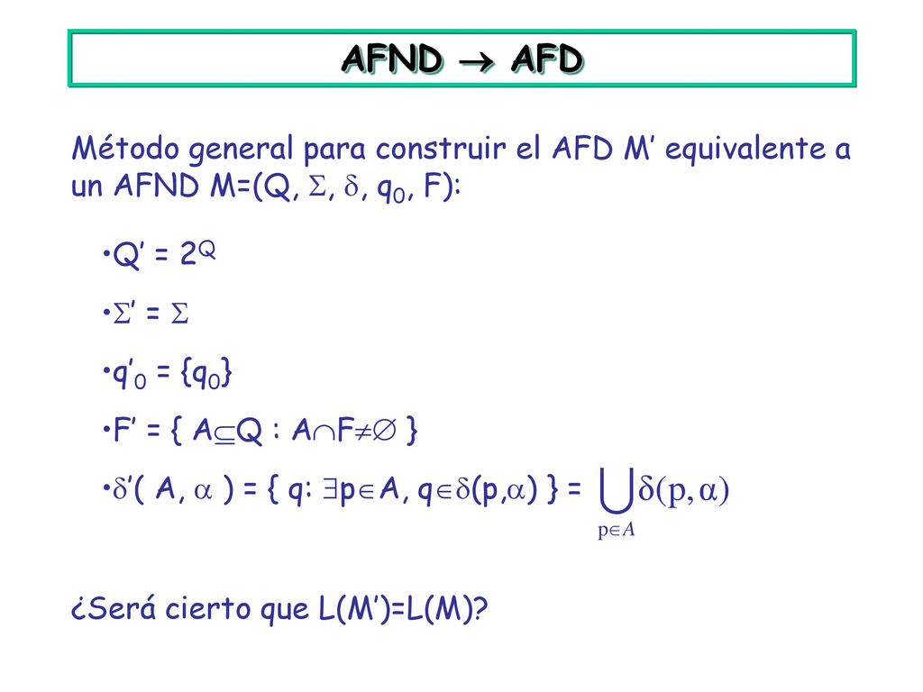 AFND  AFD Método general para construir el AFD M’ equivalente a un AFND M=(Q, , , q0, F): Q’ = 2Q.