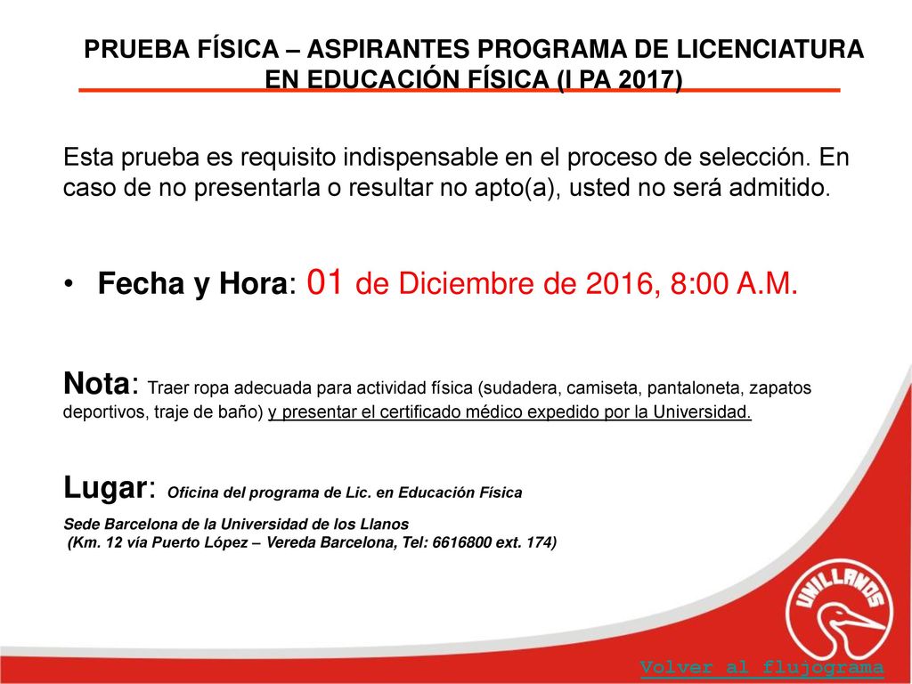 Fecha y Hora: 01 de Diciembre de 2016, 8:00 A.M.