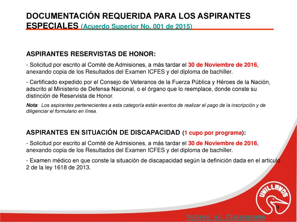 DOCUMENTACIÓN REQUERIDA PARA LOS ASPIRANTES ESPECIALES (Acuerdo Superior No. 001 de 2015)