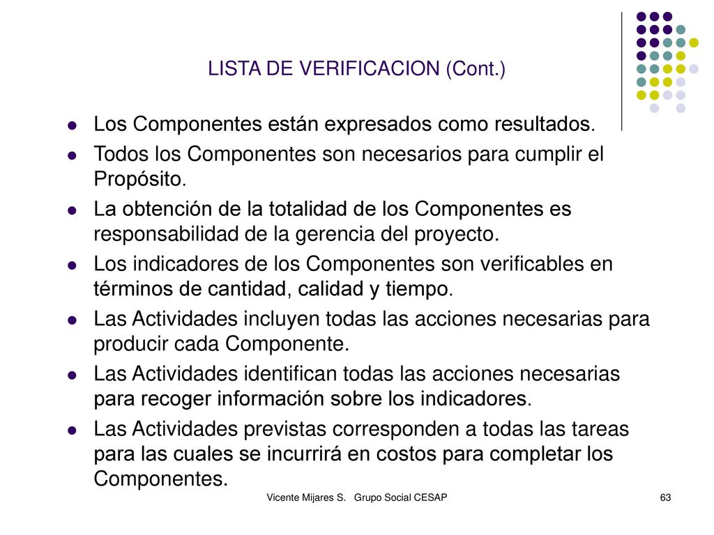 LISTA DE VERIFICACION (Cont.)