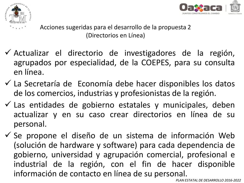 Acciones sugeridas para el desarrollo de la propuesta 2 (Directorios en Línea)