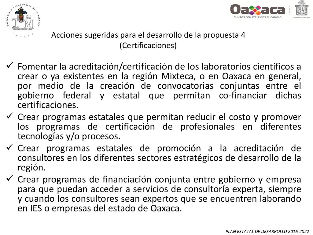 Acciones sugeridas para el desarrollo de la propuesta 4 (Certificaciones)