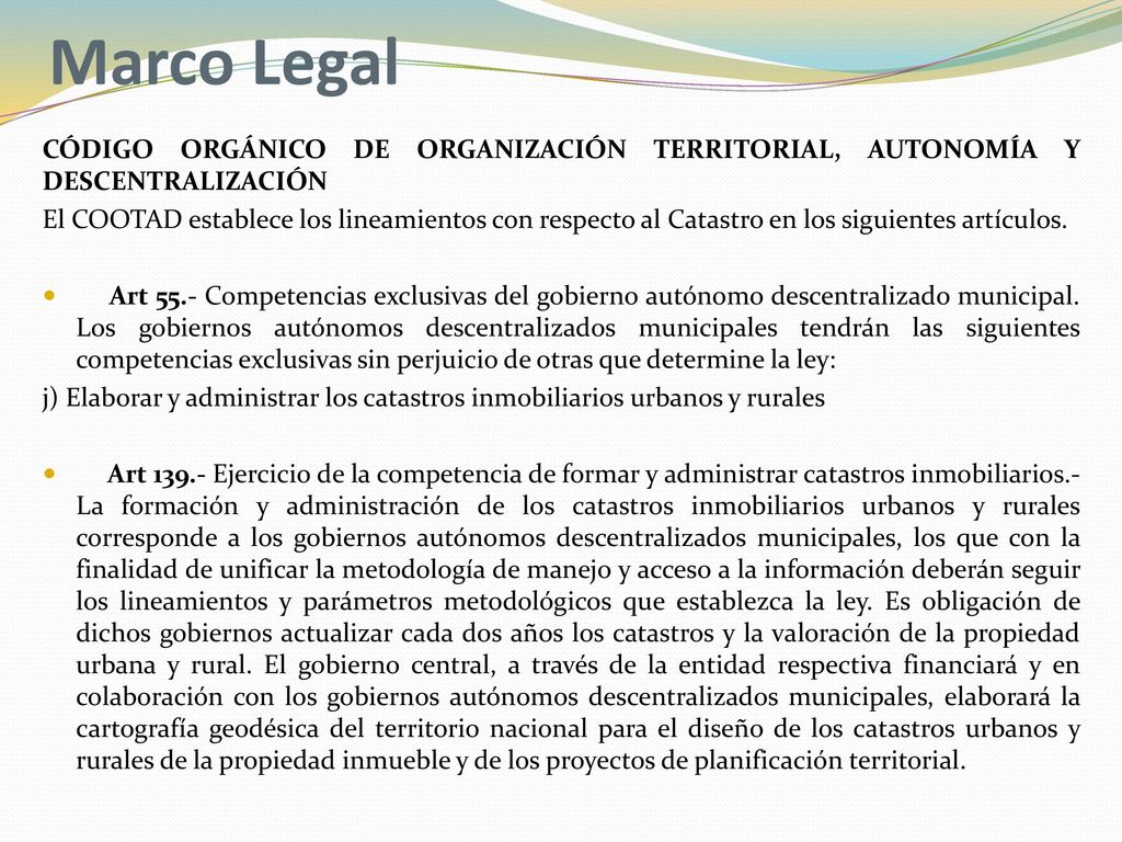 Marco Legal CÓDIGO ORGÁNICO DE ORGANIZACIÓN TERRITORIAL, AUTONOMÍA Y DESCENTRALIZACIÓN.
