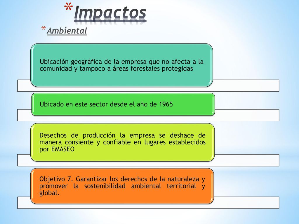 Impactos Ambiental. Ubicación geográfica de la empresa que no afecta a la comunidad y tampoco a áreas forestales protegidas.