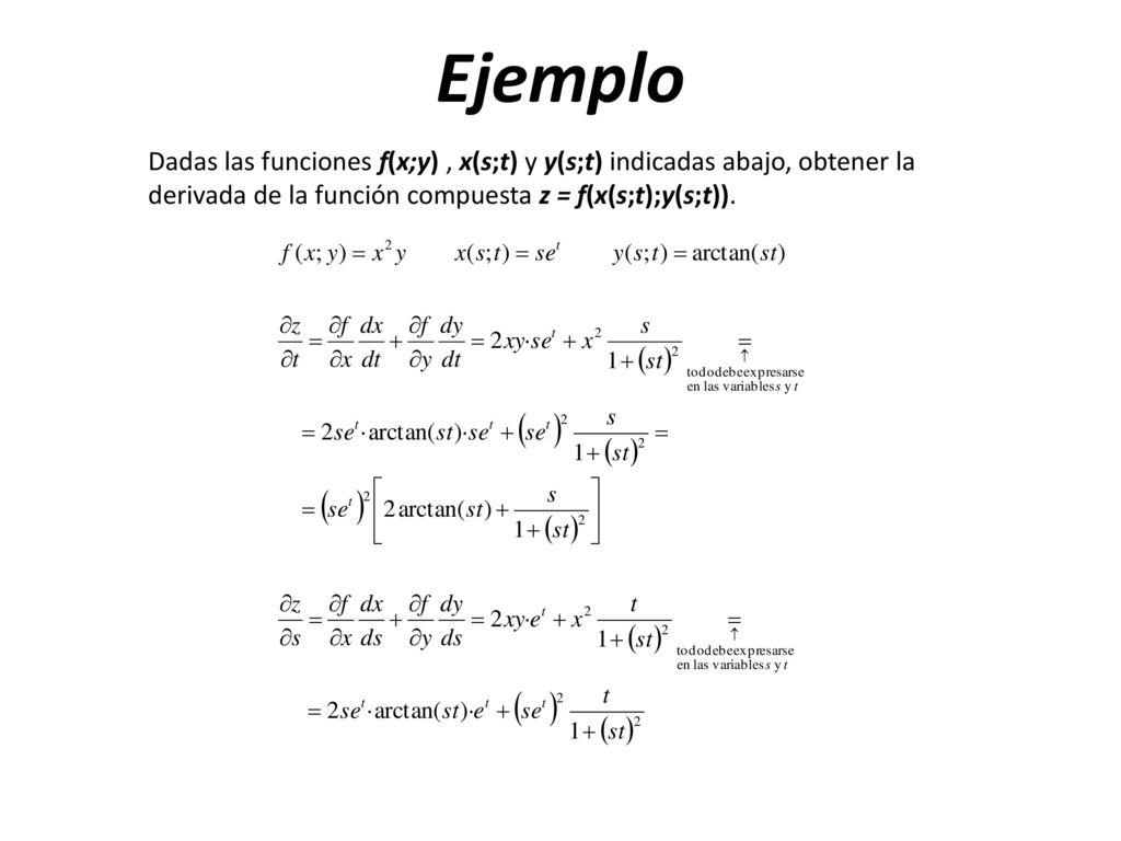 Ejemplo Dadas las funciones f(x;y) , x(s;t) y y(s;t) indicadas abajo, obtener la derivada de la función compuesta z = f(x(s;t);y(s;t)).