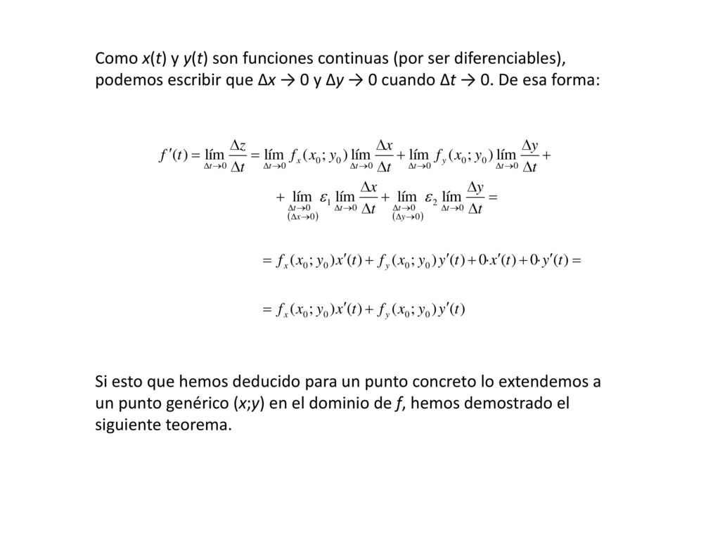Como x(t) y y(t) son funciones continuas (por ser diferenciables), podemos escribir que Δx → 0 y Δy → 0 cuando Δt → 0. De esa forma: