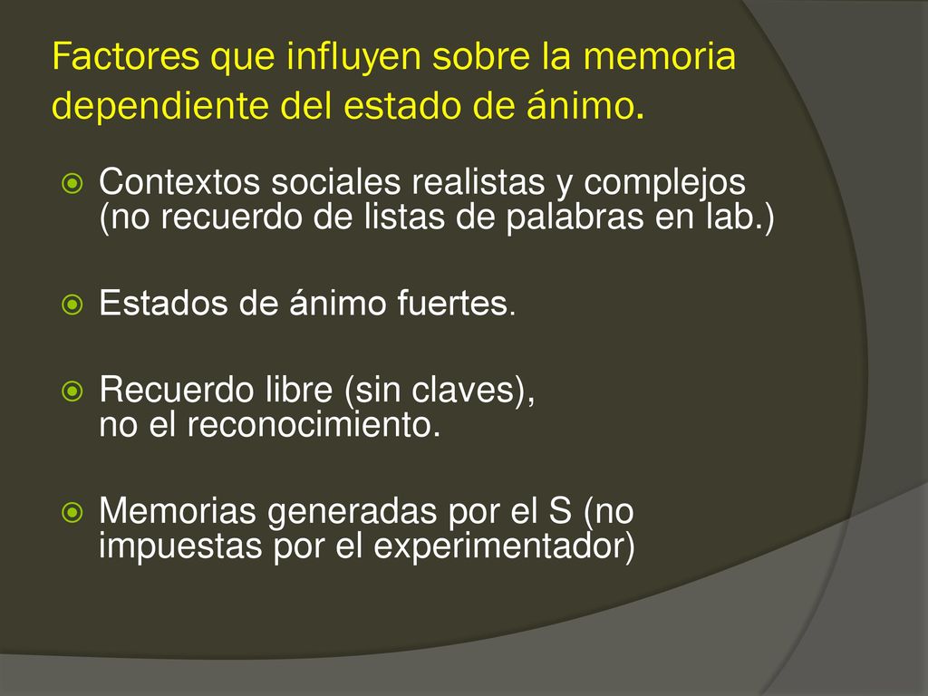 Factores que influyen sobre la memoria dependiente del estado de ánimo.