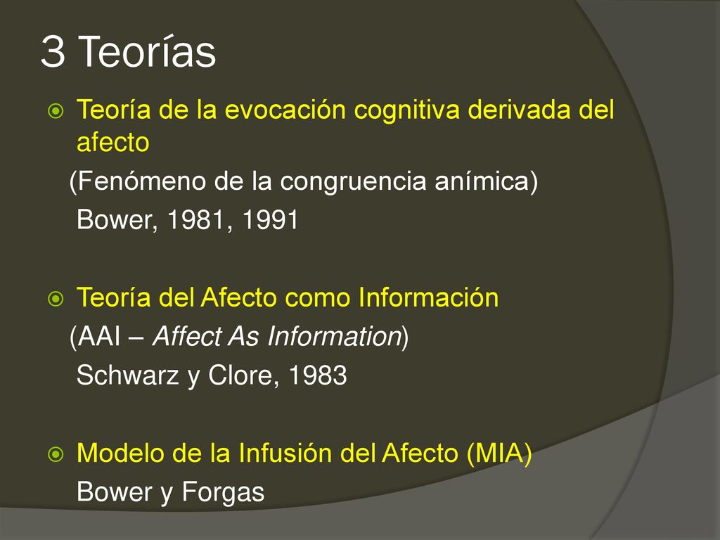 3 Teorías Teoría de la evocación cognitiva derivada del afecto
