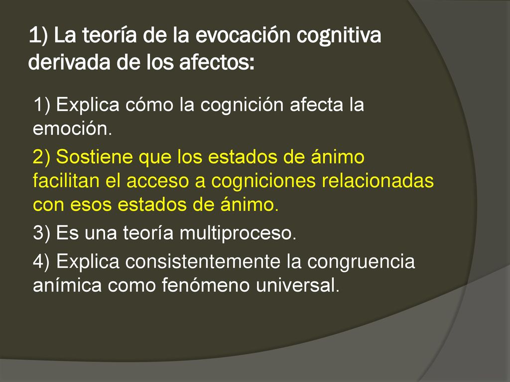 1) La teoría de la evocación cognitiva derivada de los afectos: