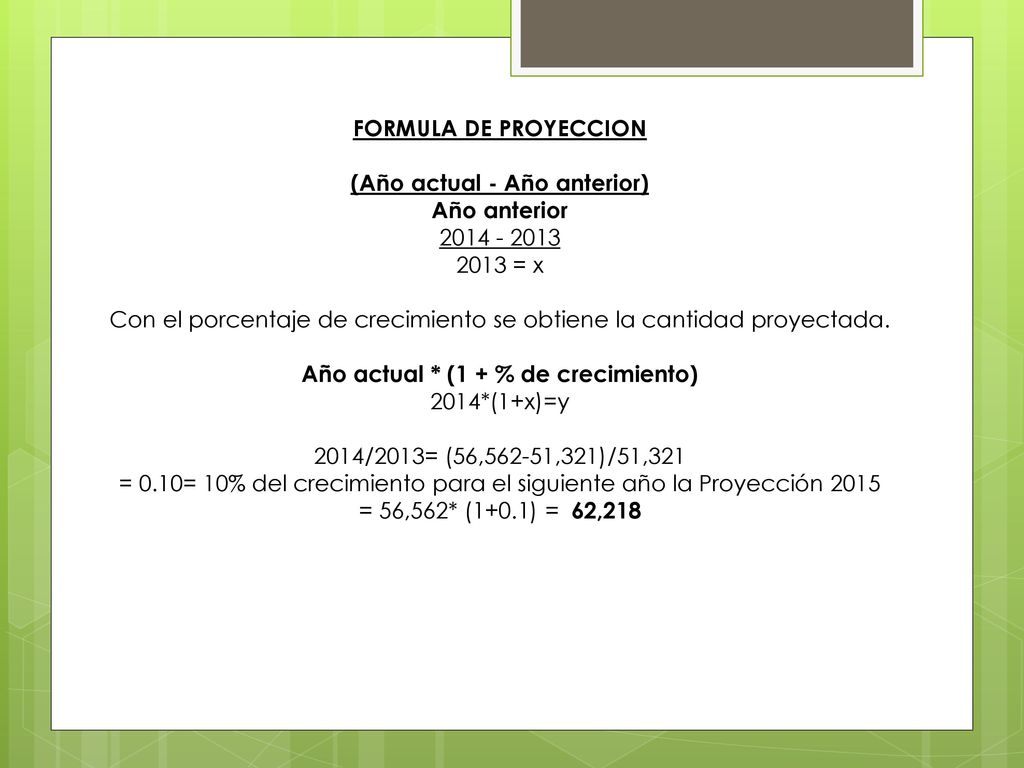FORMULA DE PROYECCION (Año actual - Año anterior) Año anterior = x Con el porcentaje de crecimiento se obtiene la cantidad proyectada.