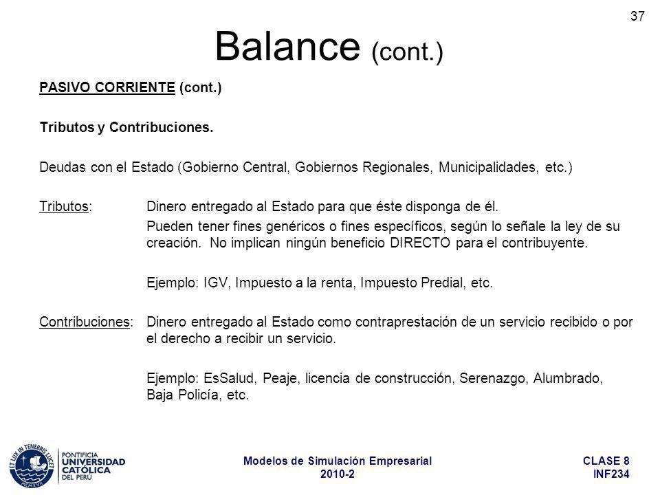 Balance (cont.) PASIVO CORRIENTE (cont.) Tributos y Contribuciones.