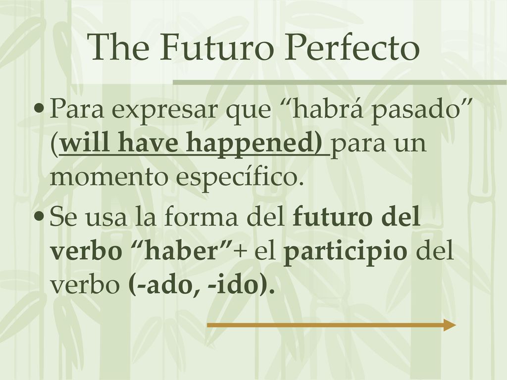 The Futuro Perfecto Para expresar que habrá pasado (will have happened) para un momento específico.