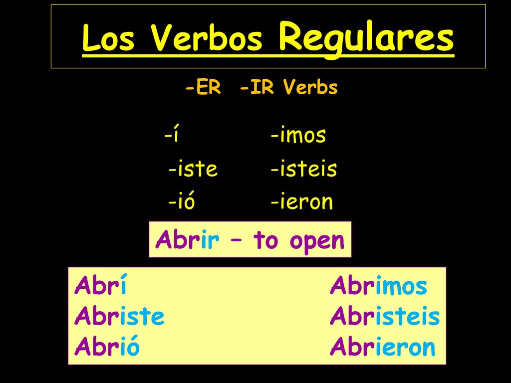 Los Verbos Regulares Abrir – to open Abrí Abrimos Abriste Abristeis