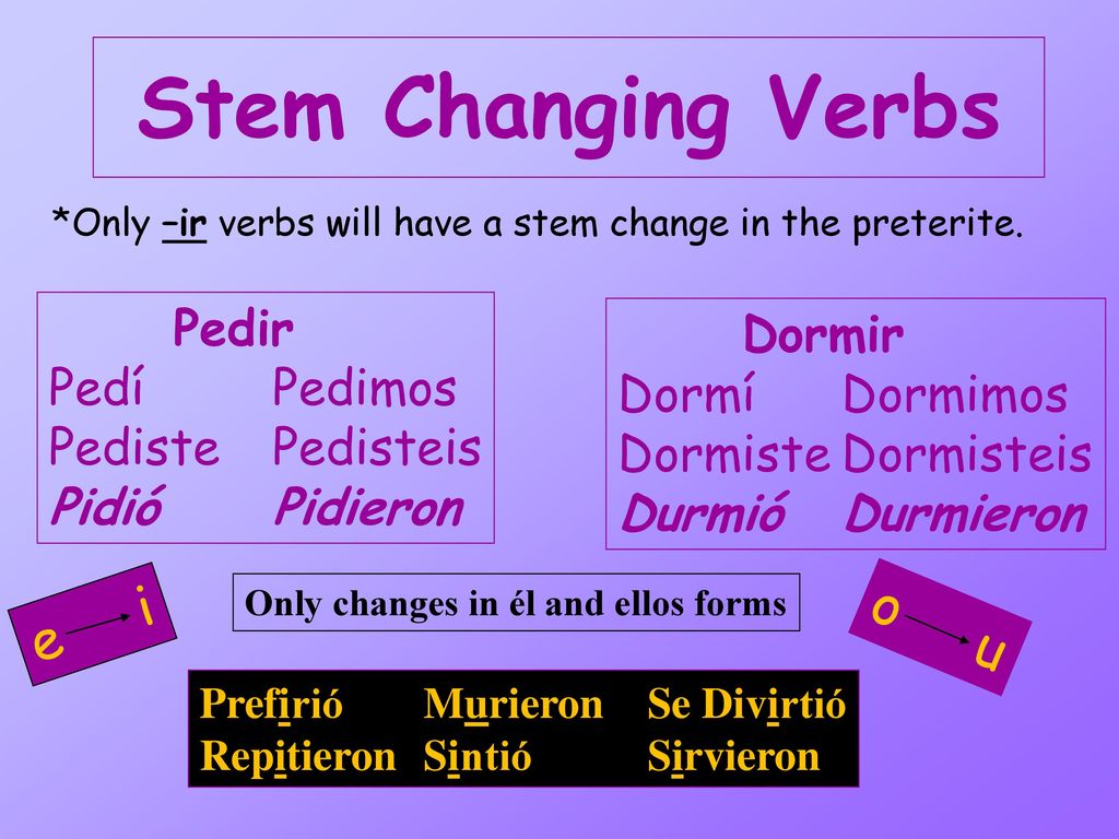 Stem Changing Verbs e i o u Pedir Dormir Pedí Pedimos Dormí Dormimos