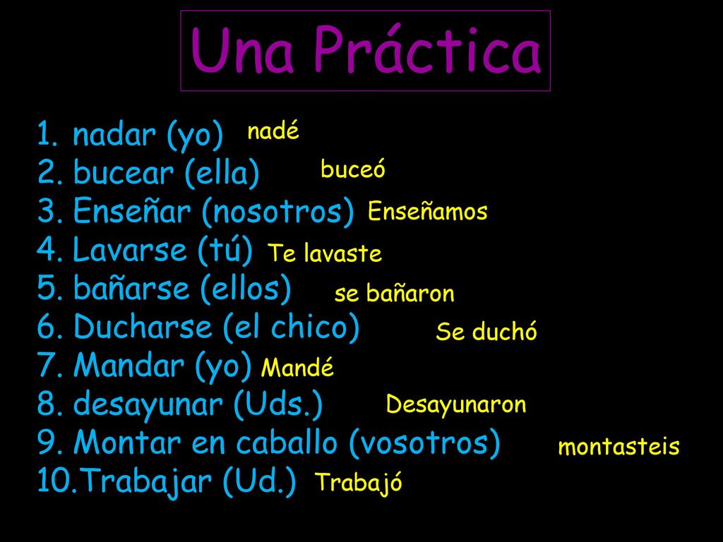 Una Práctica nadar (yo) bucear (ella) Enseñar (nosotros) Lavarse (tú)