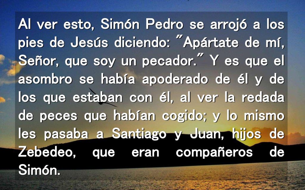 Al ver esto, Simón Pedro se arrojó a los pies de Jesús diciendo: Apártate de mí, Señor, que soy un pecador. Y es que el asombro se había apoderado de él y de los que estaban con él, al ver la redada de peces que habían cogido; y lo mismo les pasaba a Santiago y Juan, hijos de Zebedeo, que eran compañeros de Simón.