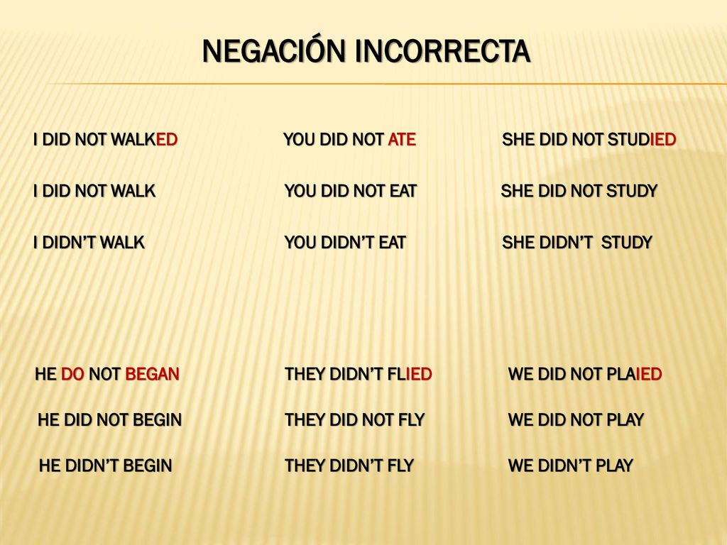 NEGACIÓN INCORRECTA I DID NOT WALKED YOU DID NOT ATE