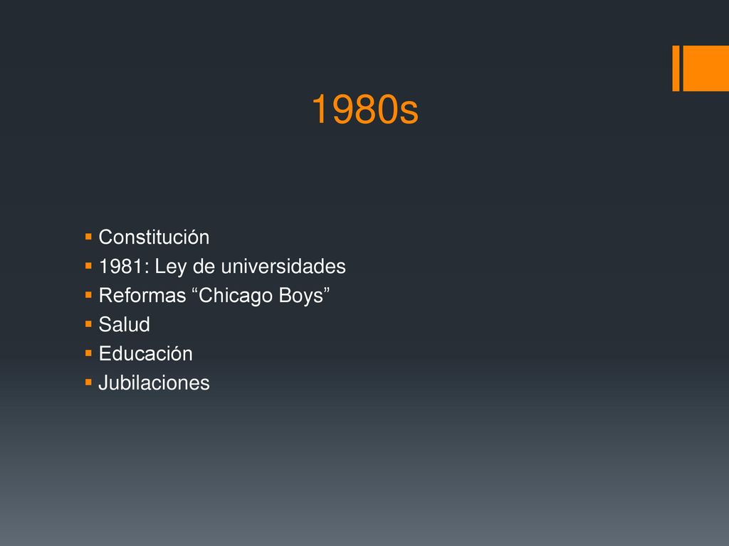 1980s Constitución 1981: Ley de universidades Reformas Chicago Boys