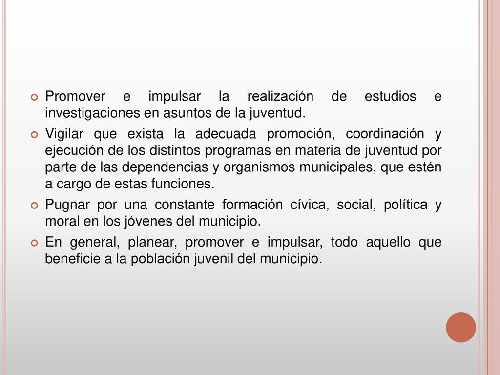 Promover e impulsar la realización de estudios e investigaciones en asuntos de la juventud.