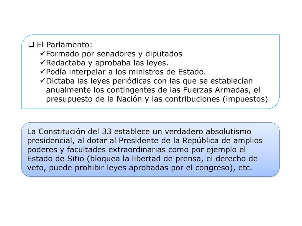 El Parlamento: Formado por senadores y diputados. Redactaba y aprobaba las leyes. Podía interpelar a los ministros de Estado.