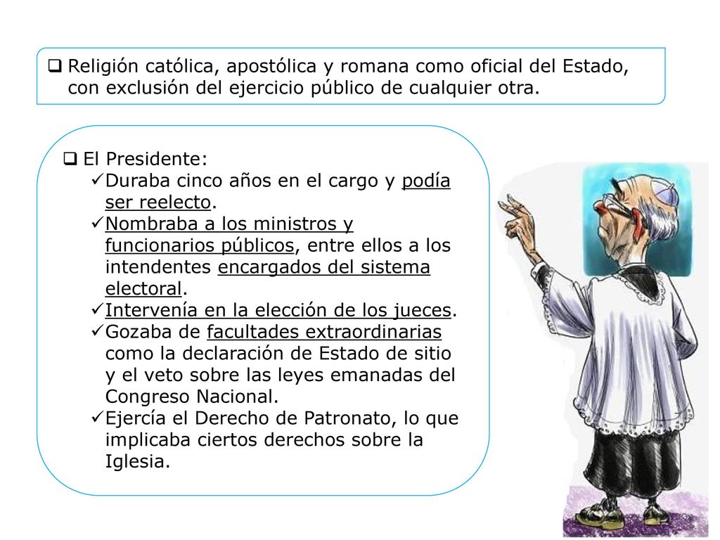 Religión católica, apostólica y romana como oficial del Estado, con exclusión del ejercicio público de cualquier otra.