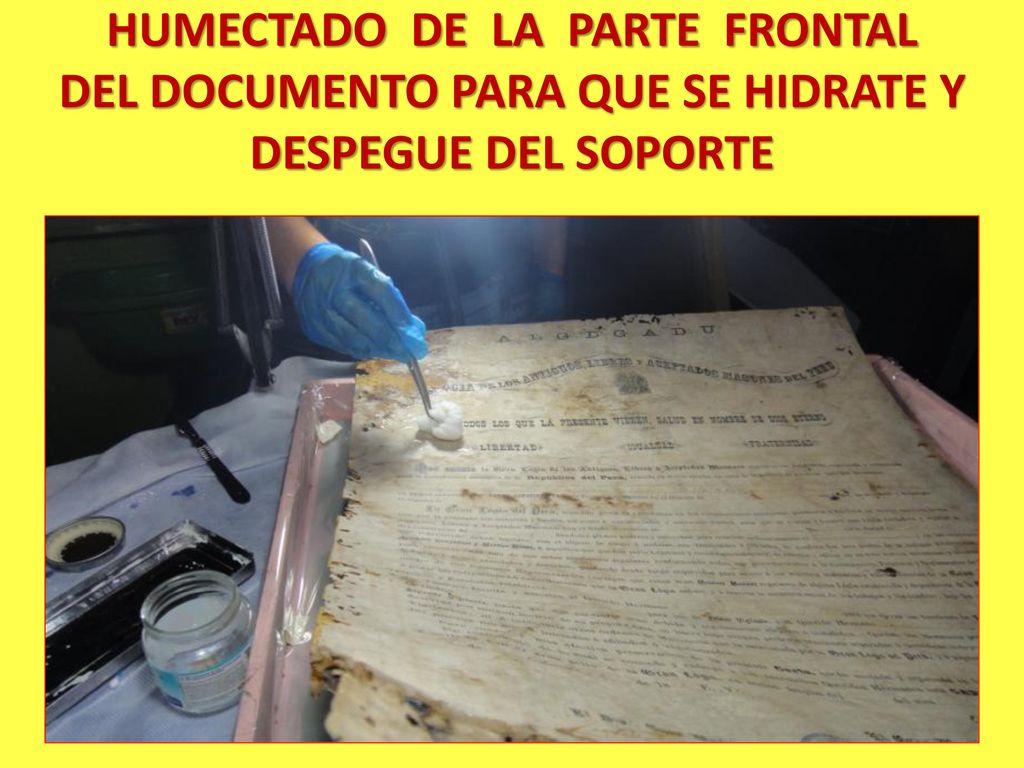 HUMECTADO DE LA PARTE FRONTAL DEL DOCUMENTO PARA QUE SE HIDRATE Y DESPEGUE DEL SOPORTE