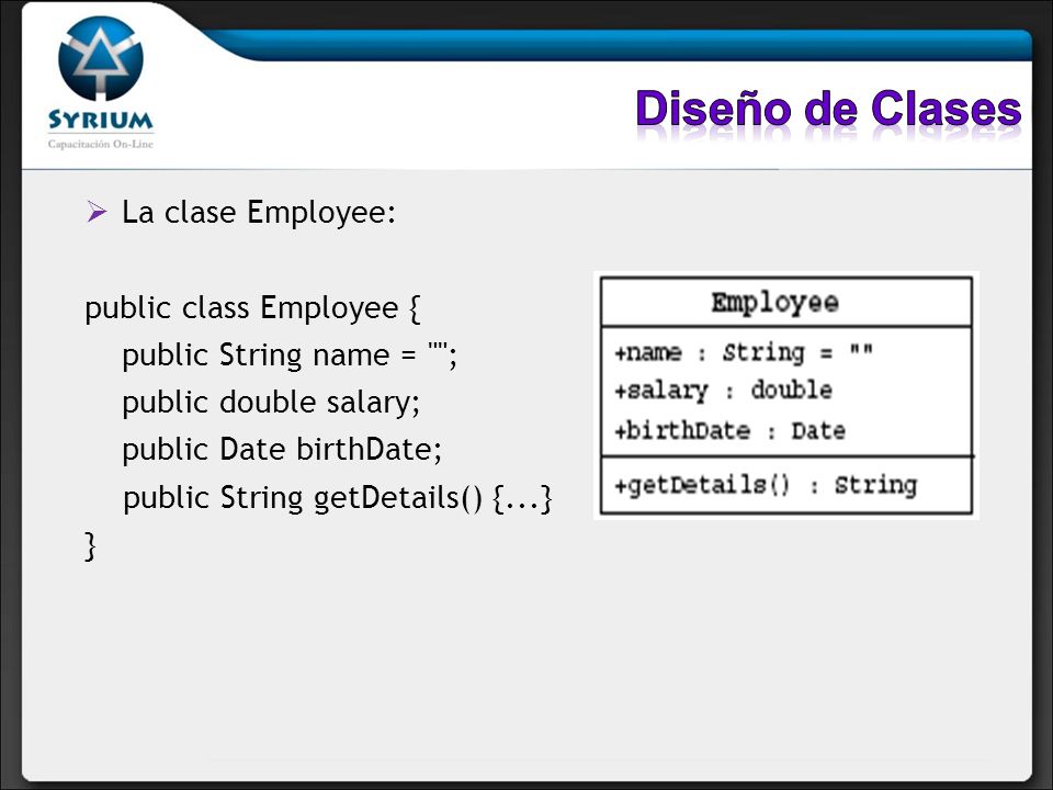Diseño de Clases La clase Employee: public class Employee {