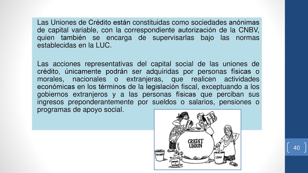 Las Uniones de Crédito están constituidas como sociedades anónimas de capital variable, con la correspondiente autorización de la CNBV, quien también se encarga de supervisarlas bajo las normas establecidas en la LUC.