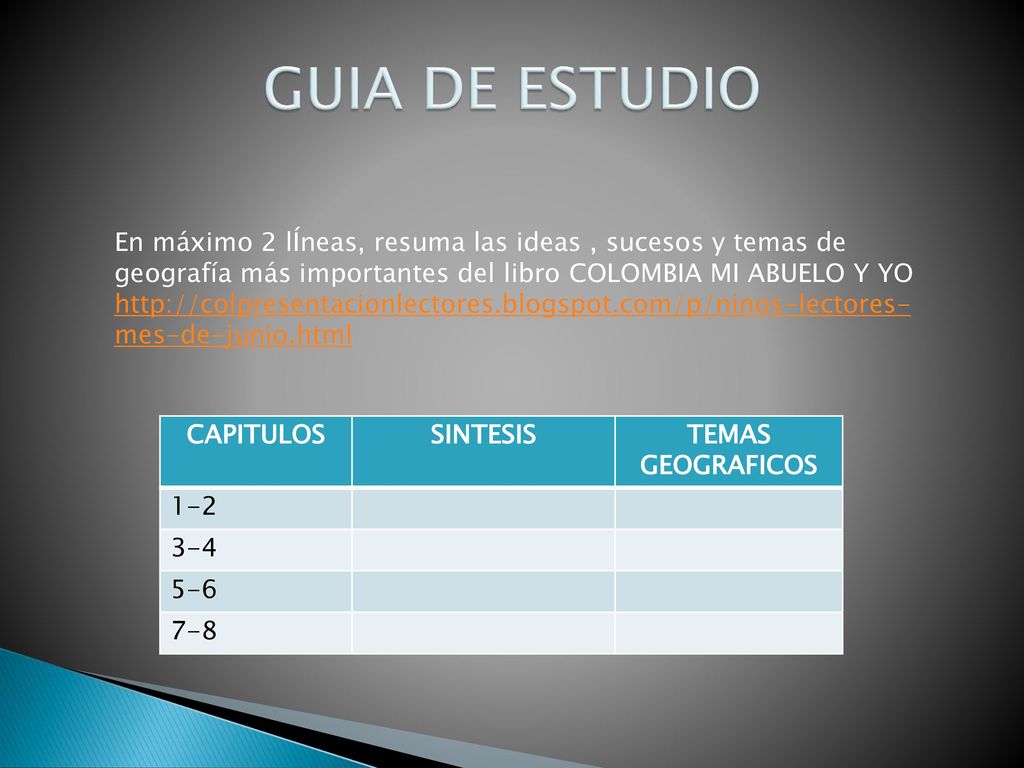 GUIA DE ESTUDIO En máximo 2 lÍneas, resuma las ideas , sucesos y temas de geografía más importantes del libro COLOMBIA MI ABUELO Y YO.
