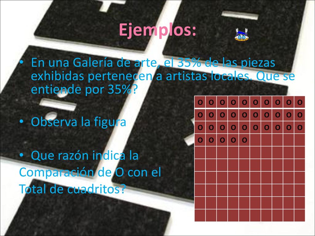 Ejemplos: En una Galería de arte, el 35% de las piezas exhibidas pertenecen a artistas locales. Que se entiende por 35%