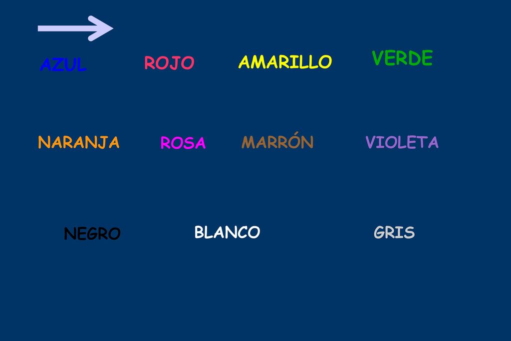 AMARILLO VERDE AZUL ROJO NARANJA ROSA MARRÓN VIOLETA NEGRO BLANCO GRIS