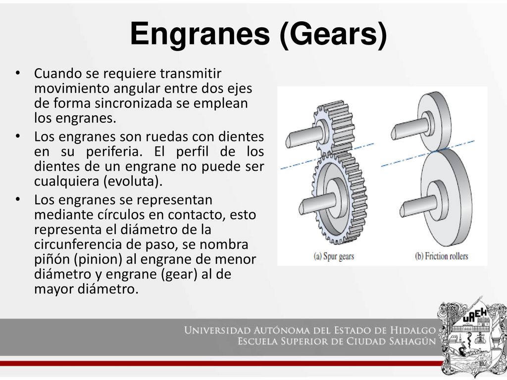 Engranes (Gears) Cuando se requiere transmitir movimiento angular entre dos ejes de forma sincronizada se emplean los engranes.