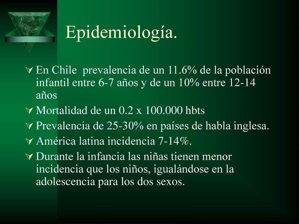 Epidemiología. En Chile prevalencia de un 11.6% de la población infantil entre 6-7 años y de un 10% entre años.