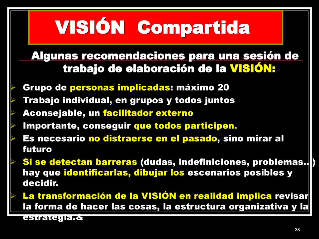 VISIÓN Compartida Algunas recomendaciones para una sesión de trabajo de elaboración de la VISIÓN: Grupo de personas implicadas: máximo 20.