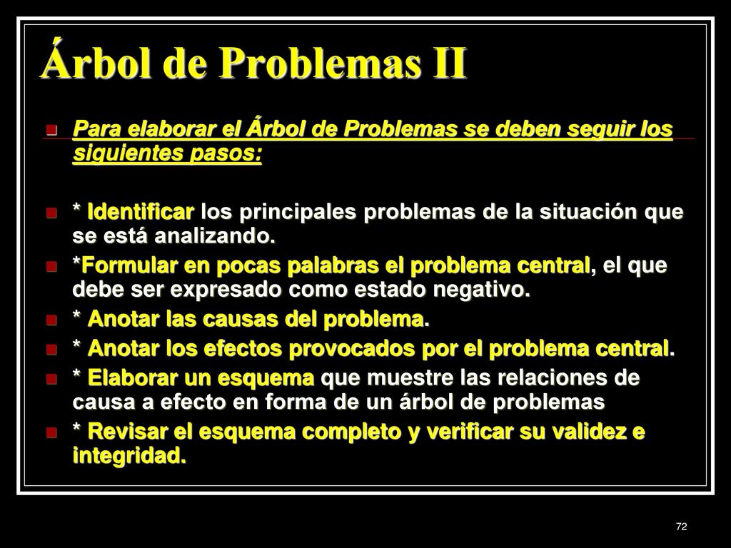 Árbol de Problemas II Para elaborar el Árbol de Problemas se deben seguir los siguientes pasos: